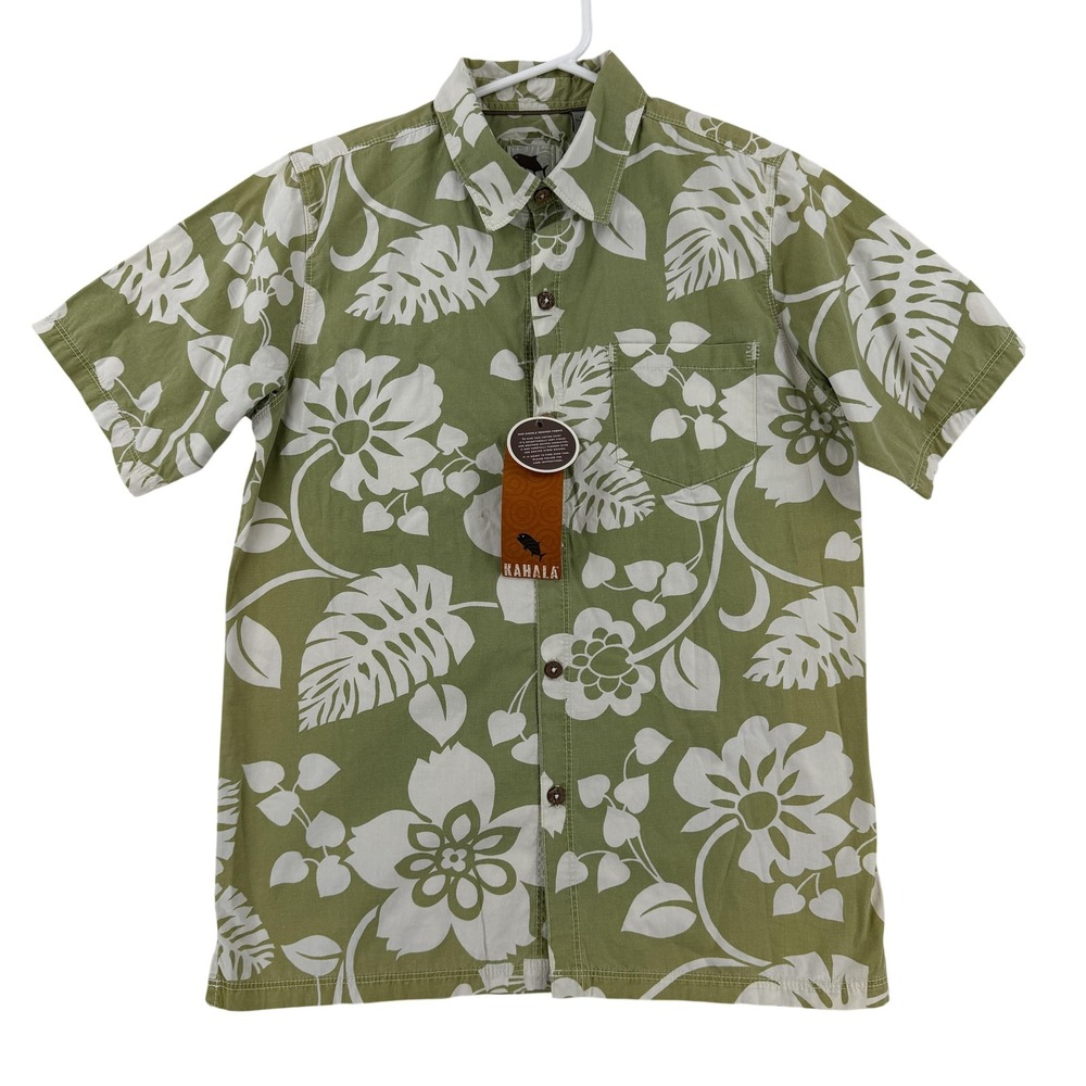 Kahala Shirt Boys XL 14-16 Green Hawaiian Floral Short Sleeve Button Up Camp NWT